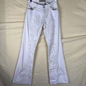 Y2K Bongo Low Rise Let Me B Jeans 5 White Flare Tribal Embroidered Stretch Denim